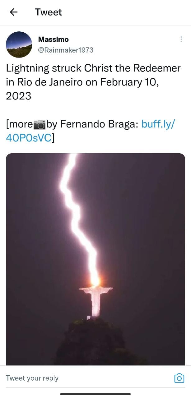 A breathtaking Thunder Lighting Struck Christ the Redeemer in Rio de Janeiro(City in Brazil).